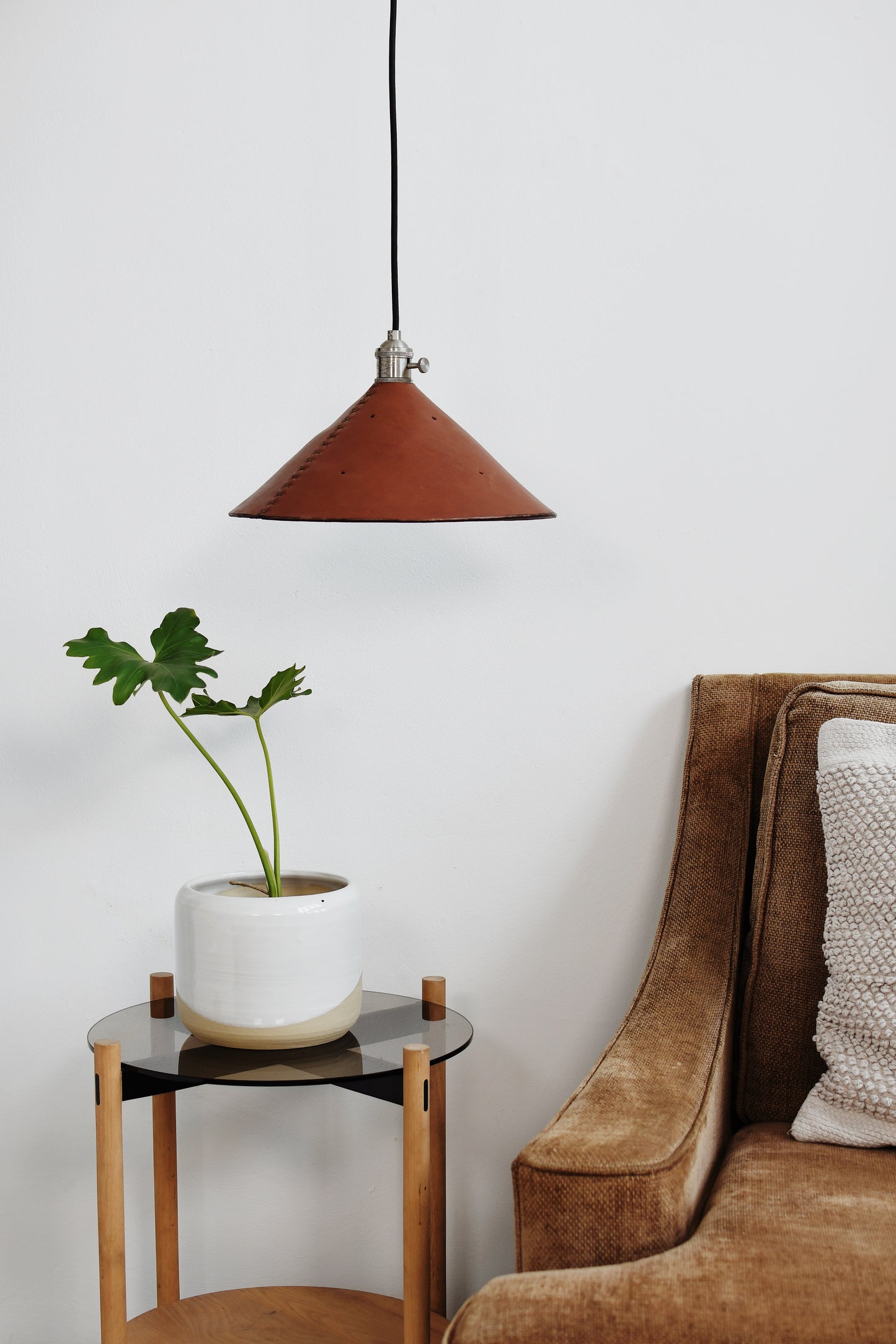 a Beautiful handcrafted brown leather light pendant made in Cape Town, South Africa, R1,720