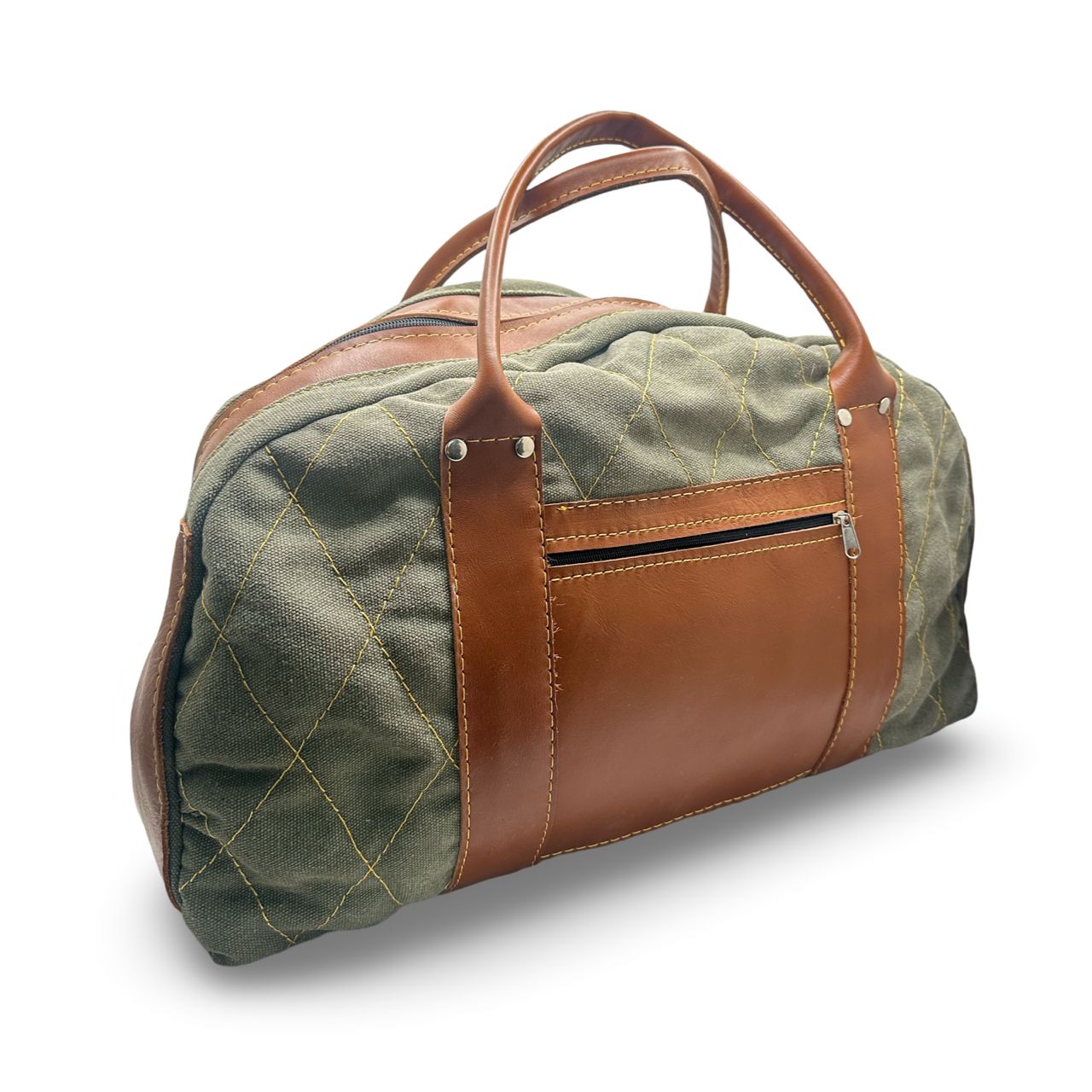 An olive green canvas weekend overnight bag with brown leather accents and a quilted design. Cape Town Handcrafted Artisan