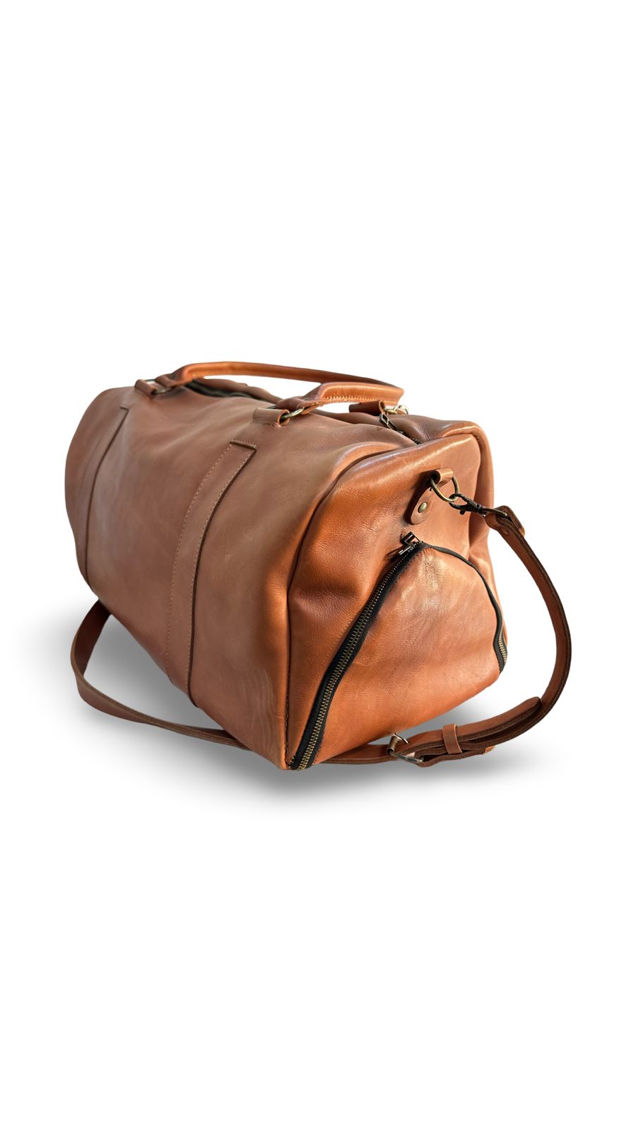 Premium tan leather duffel bag handcrafted Cape Town R2820 luxury travel bag South Africa Artisan