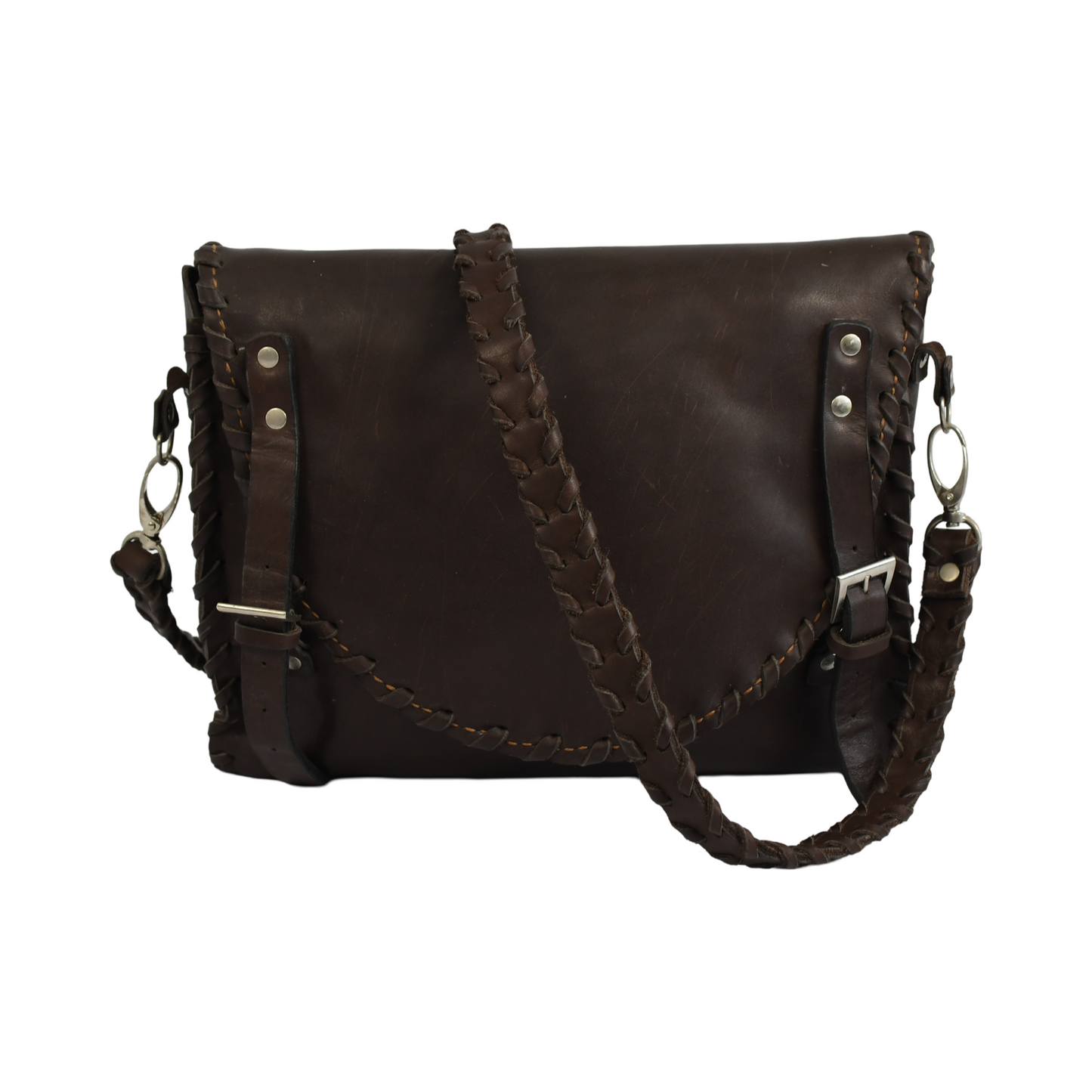 A dark brown leather cross body bag with multiple compartments and a buckle closure. Handcrafted in Cape Town, R1,530