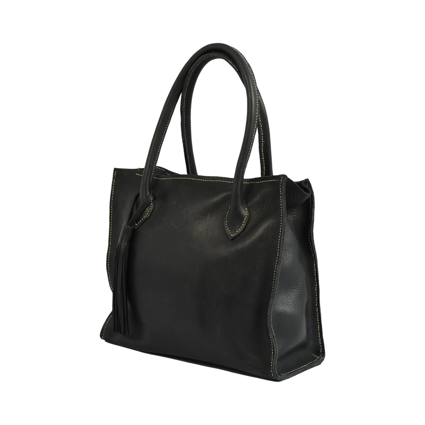 A black leather tote bag with two handles and a zippered front compartment. Artisan in Cape Town, R1,850