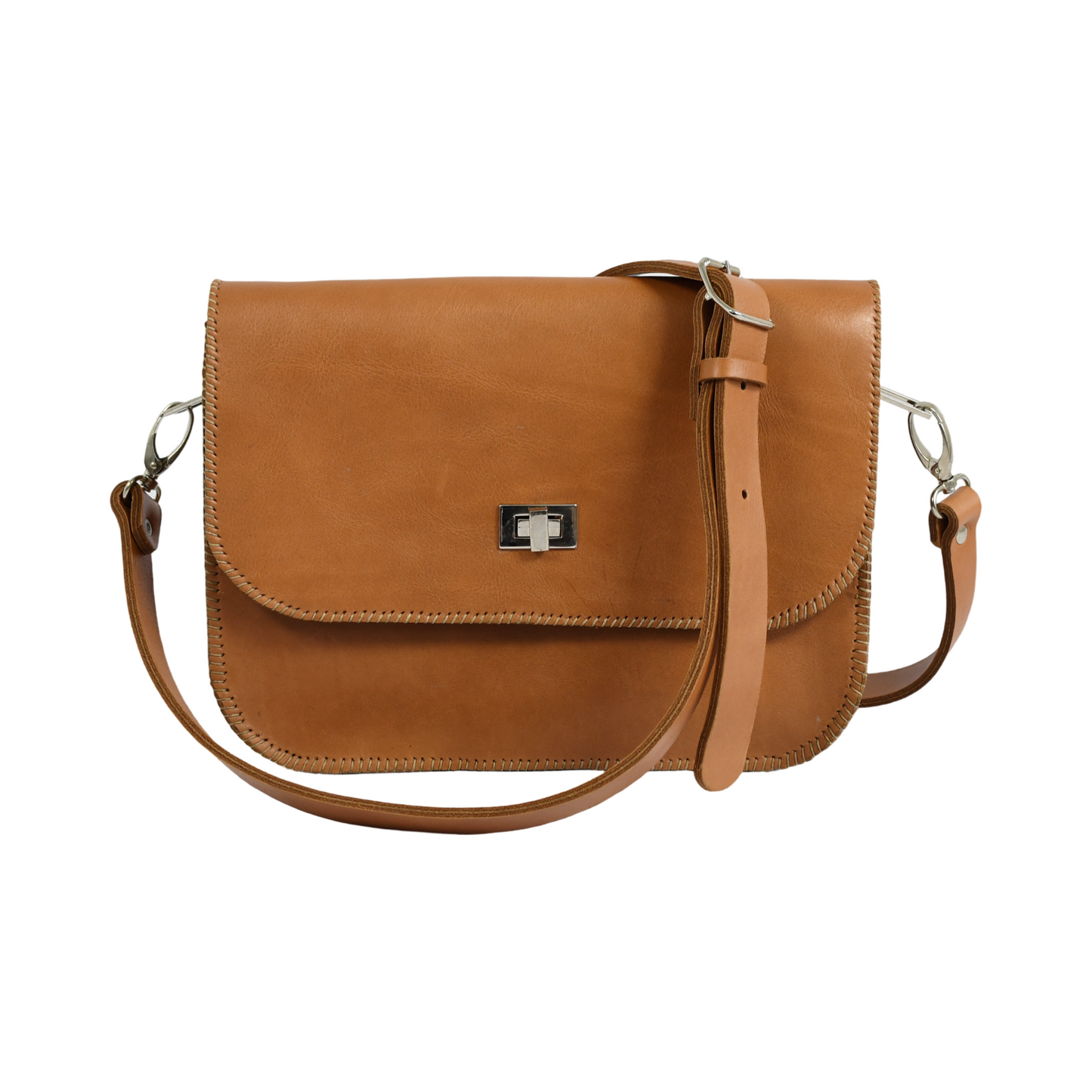 A brown leather shoulder clutch bag with a zipper closure and two handles. Cape Town Artisan R1,390