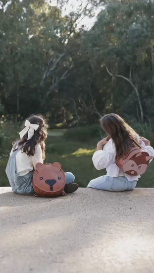 Beautiful handcrafted brown leather bag for kids of a raccoon and teddy bear made in Cape Town, South Africa, R1,380