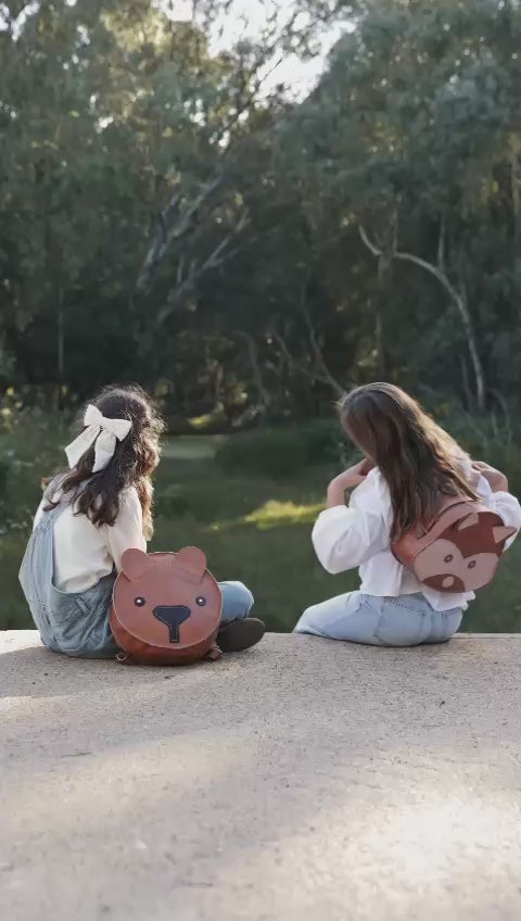 Beautiful handcrafted brown leather bag for kids of a raccoon and teddy bear made in Cape Town, South Africa, R1,380
