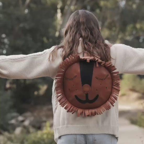 Beautiful handcrafted brown leather bag for kids of a friendly lion made in Cape Town, South Africa, R1,380