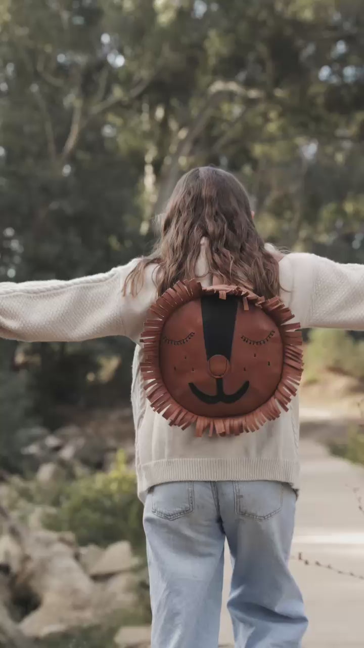 Beautiful handcrafted brown leather bag for kids of a friendly lion made in Cape Town, South Africa, R1,380