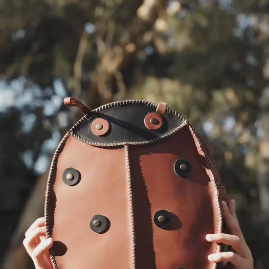 a Beautiful handcrafted brown leather lady bug kids bag made in Cape Town, South Africa, R1,380 Leather school backpack