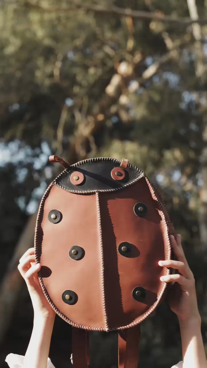 a Beautiful handcrafted brown leather lady bug kids bag made in Cape Town, South Africa, R1,380 Leather school backpack